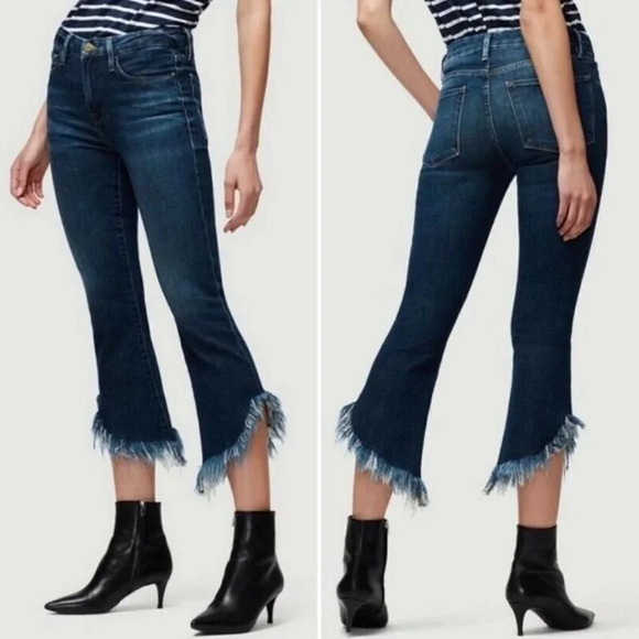 Frame Denim Le Crop Mini Boot Fringed Hem Dark Wash Jeans - Size 26 - Picture 1 of 9